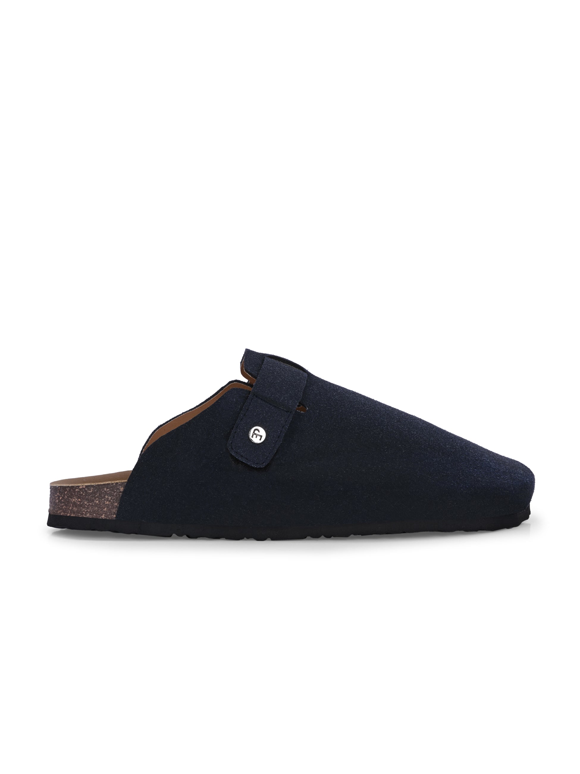 Blue suede slip-on clog with a black rubber sole and adjustable strap.