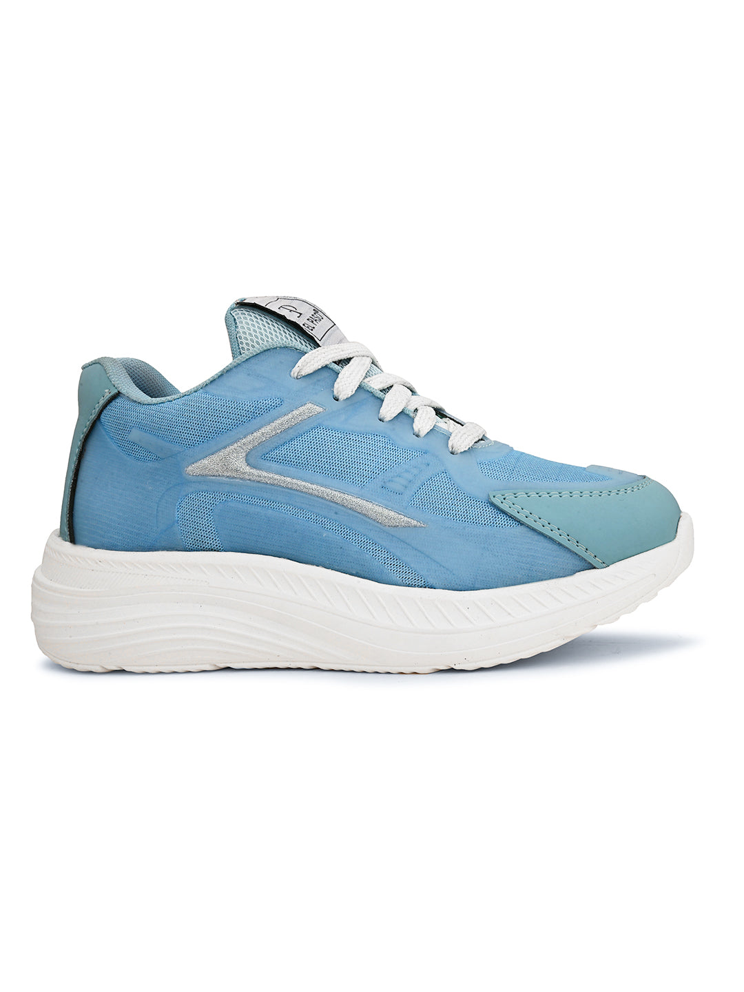 A blue and white sneaker with a simple design.