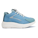 A blue and white sneaker with a simple design.