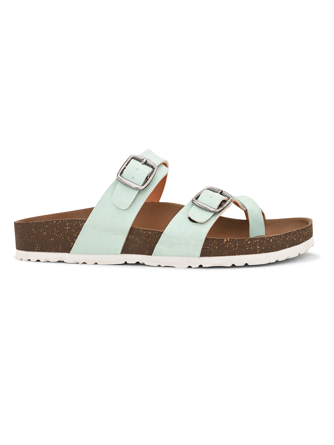 Blue cork-sole sandal with two adjustable straps featuring silver buckles and a casual slip-on design.