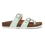 Blue cork-sole sandal with two adjustable straps featuring silver buckles and a casual slip-on design.