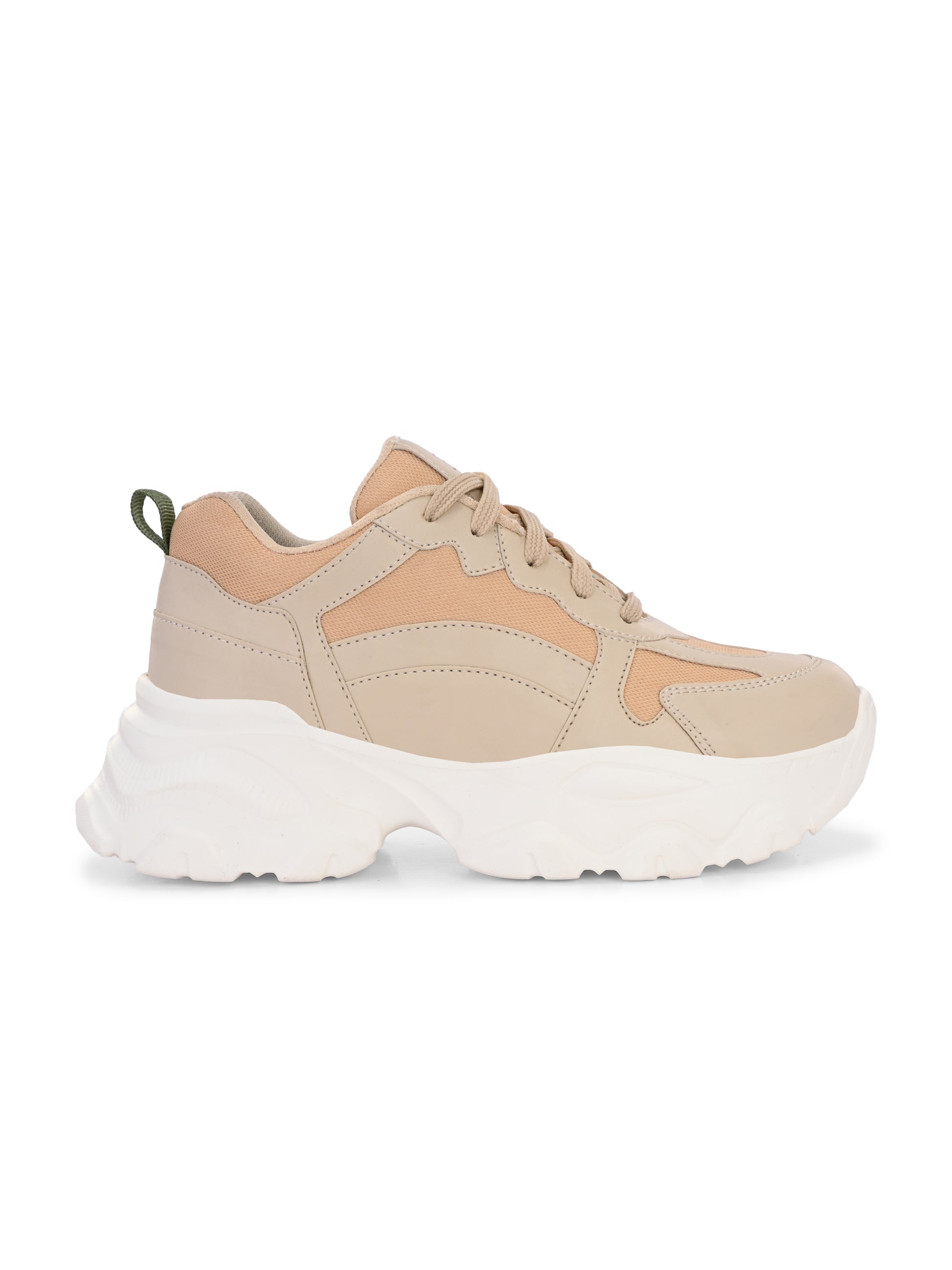 Beige chunky sneakers with a textured sole and mesh accents.