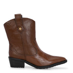 Tan ankle boots with intricate decorative stitching, featuring a slip-on design.