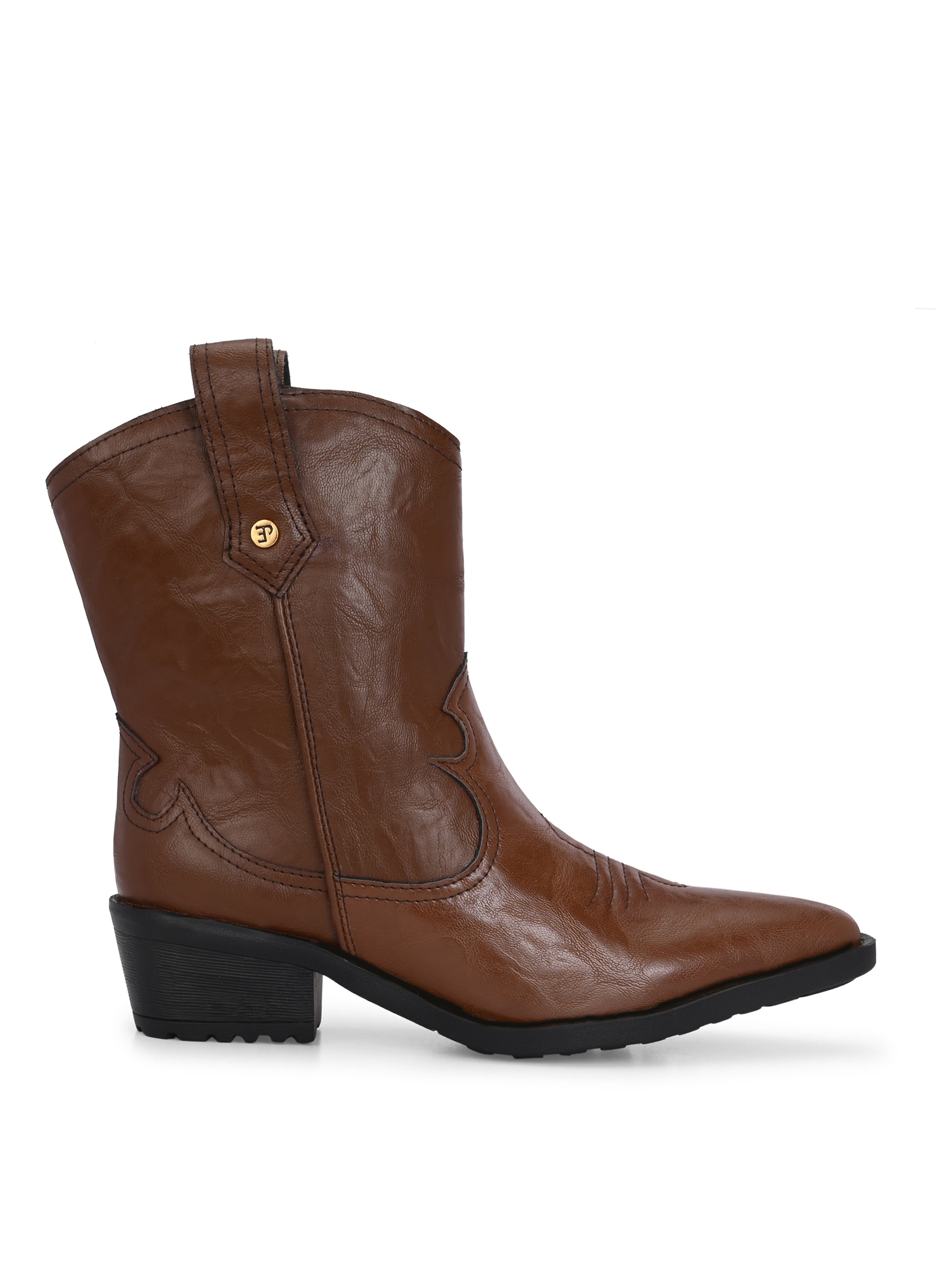 Tan ankle boots with intricate decorative stitching, featuring a slip-on design.