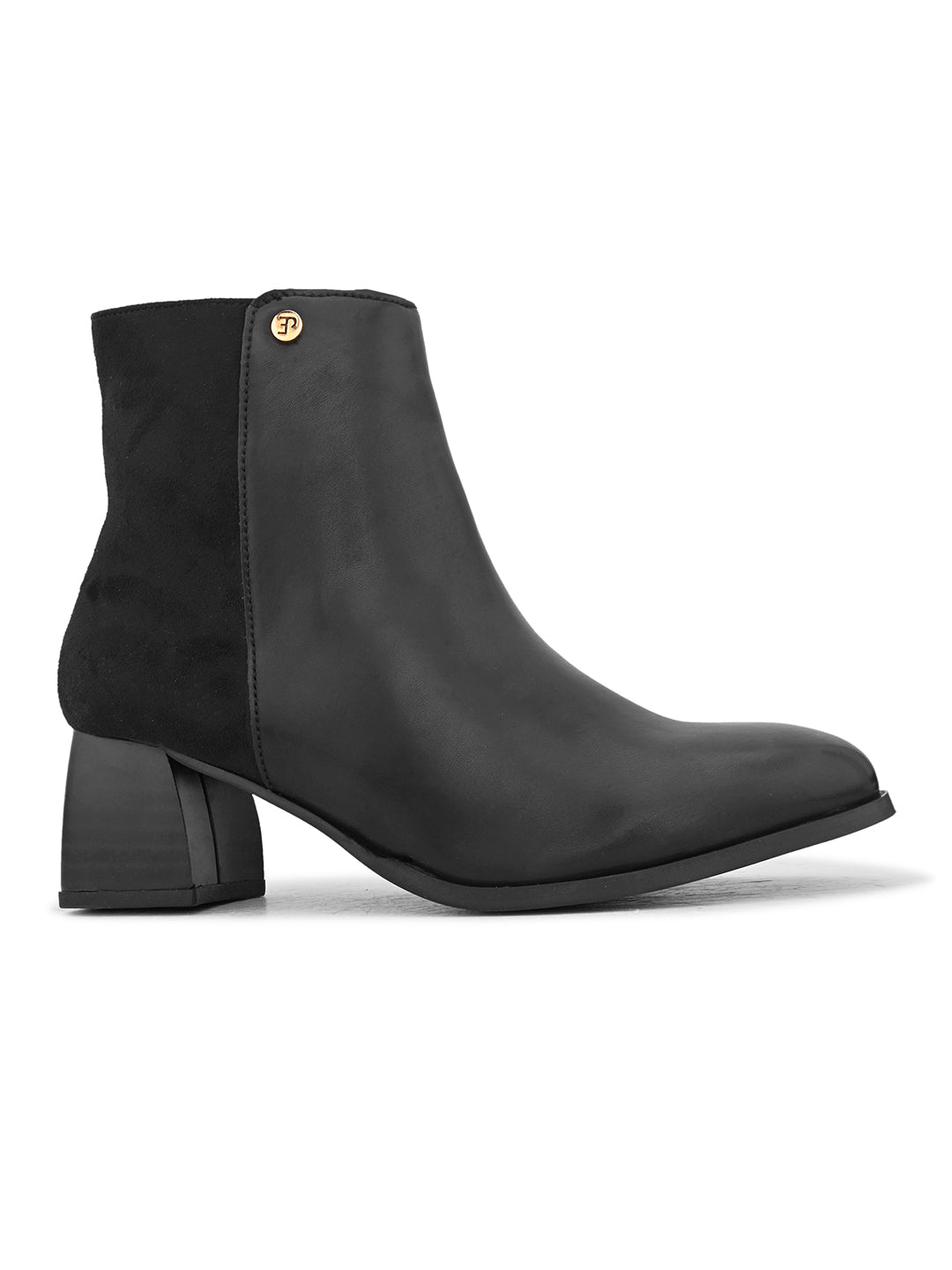 Black ankle boot with a smooth leather front, suede back, block heel, pointed toe with a zip