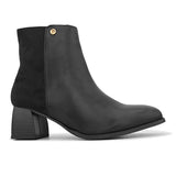 Black ankle boot with a smooth leather front, suede back, block heel, pointed toe with a zip