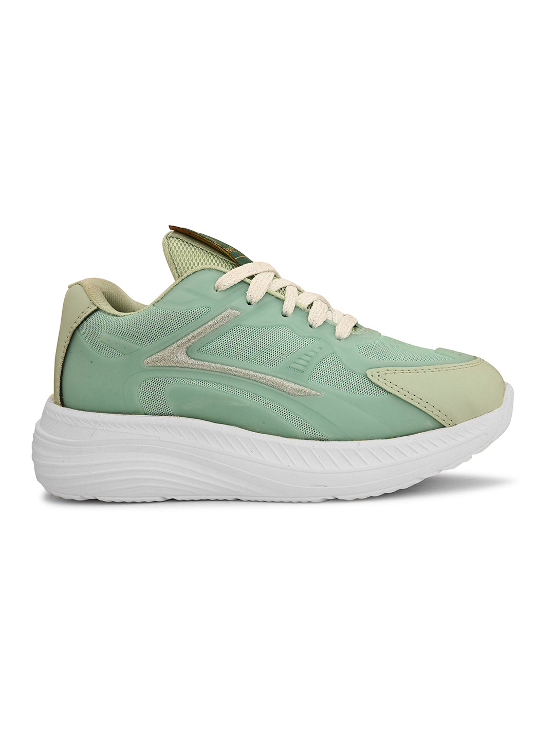 A green and white sneaker with a simple design.