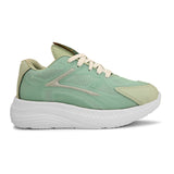 A green and white sneaker with a simple design.