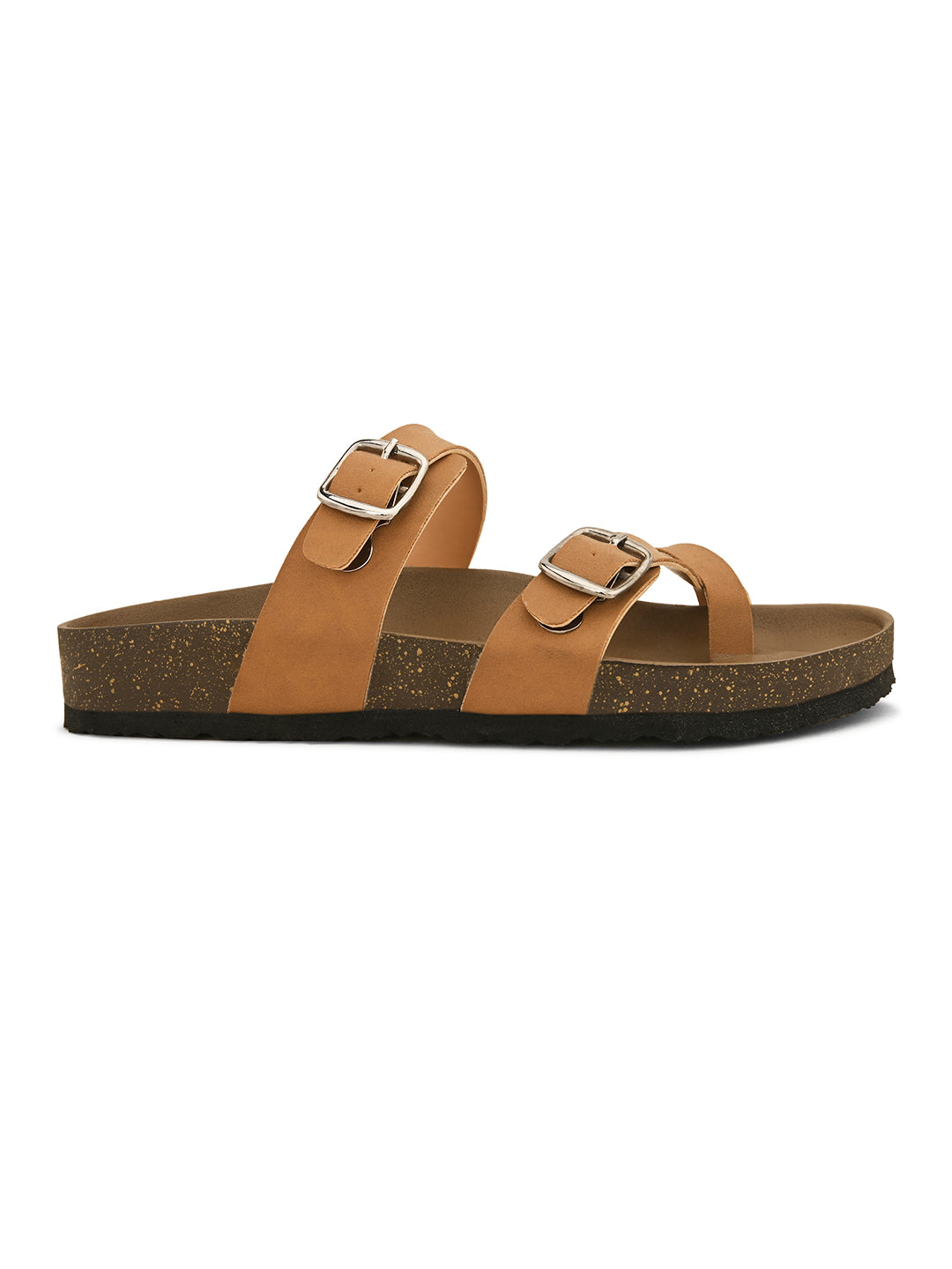 Brown cork-sole sandal with two adjustable straps featuring silver buckles and a casual slip-on design.
