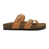 Brown cork-sole sandal with two adjustable straps featuring silver buckles and a casual slip-on design.