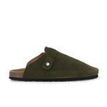 Olive suede slip-on clog with a black rubber sole and adjustable strap.
