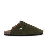 Olive suede slip-on clog with a black rubber sole and adjustable strap.