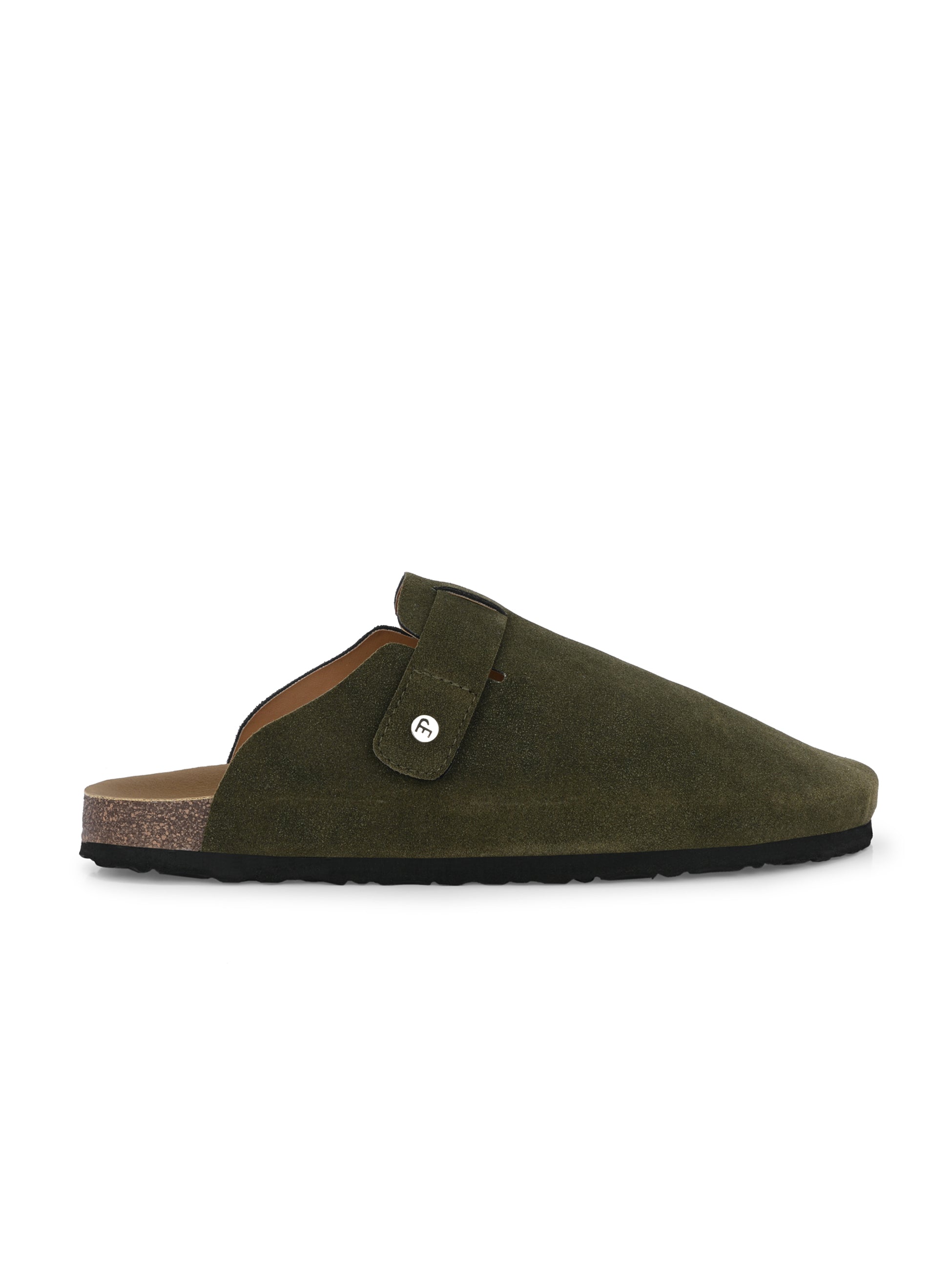 Olive suede slip-on clog with a black rubber sole and adjustable strap.