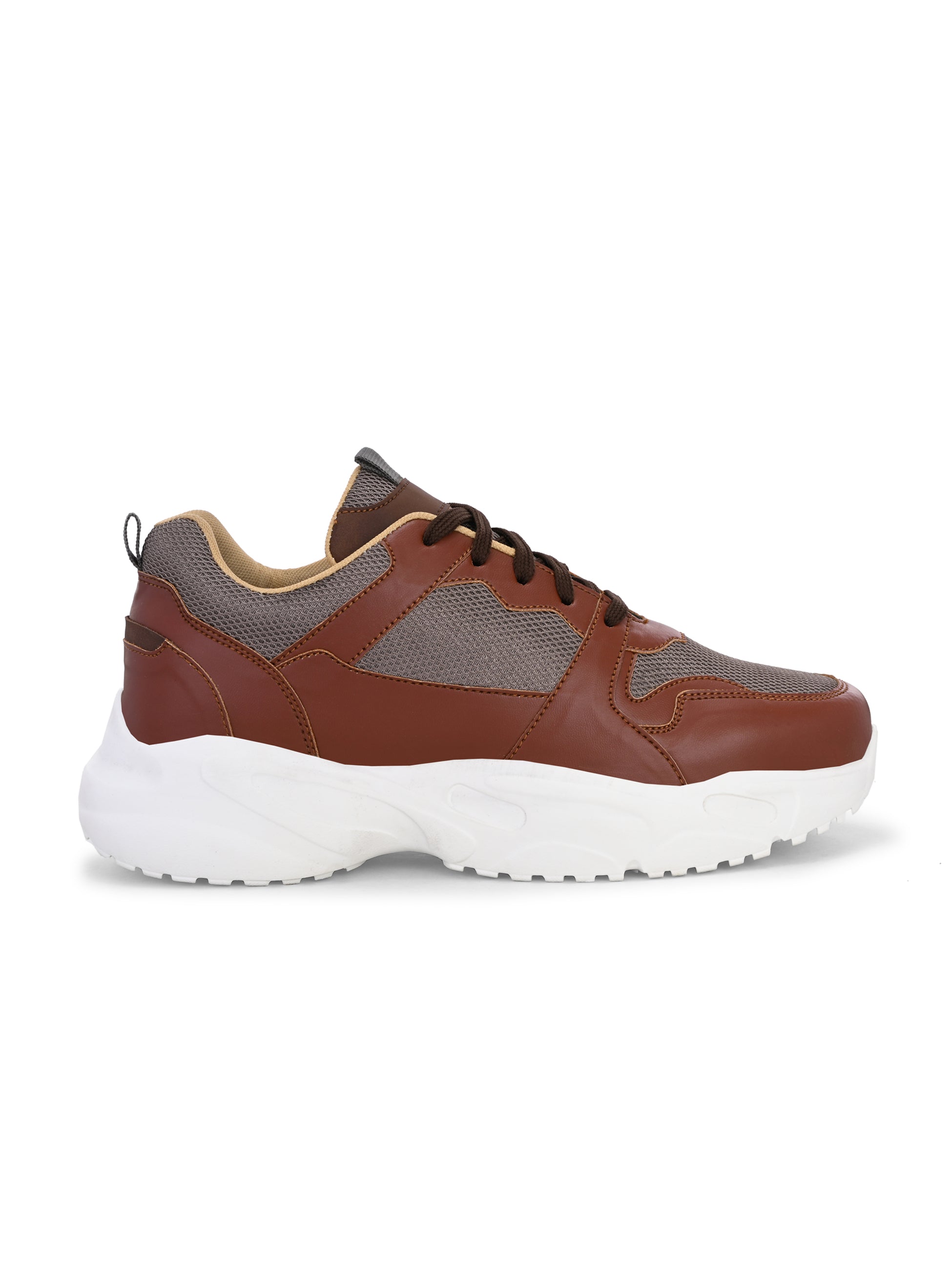 brown and grey mesh Men's casual sneakers with a chunky white sole, offering a stylish and comfortable look.
