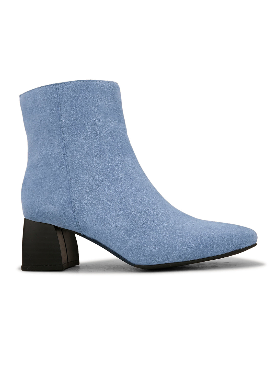 Light blue suede ankle boots with a sleek design and block heel.