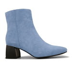 Light blue suede ankle boots with a sleek design and block heel.