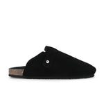 Black suede slip-on clog with a black rubber sole and adjustable strap.