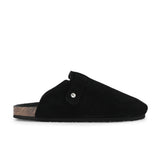 Black suede slip-on clog with a black rubber sole and adjustable strap.