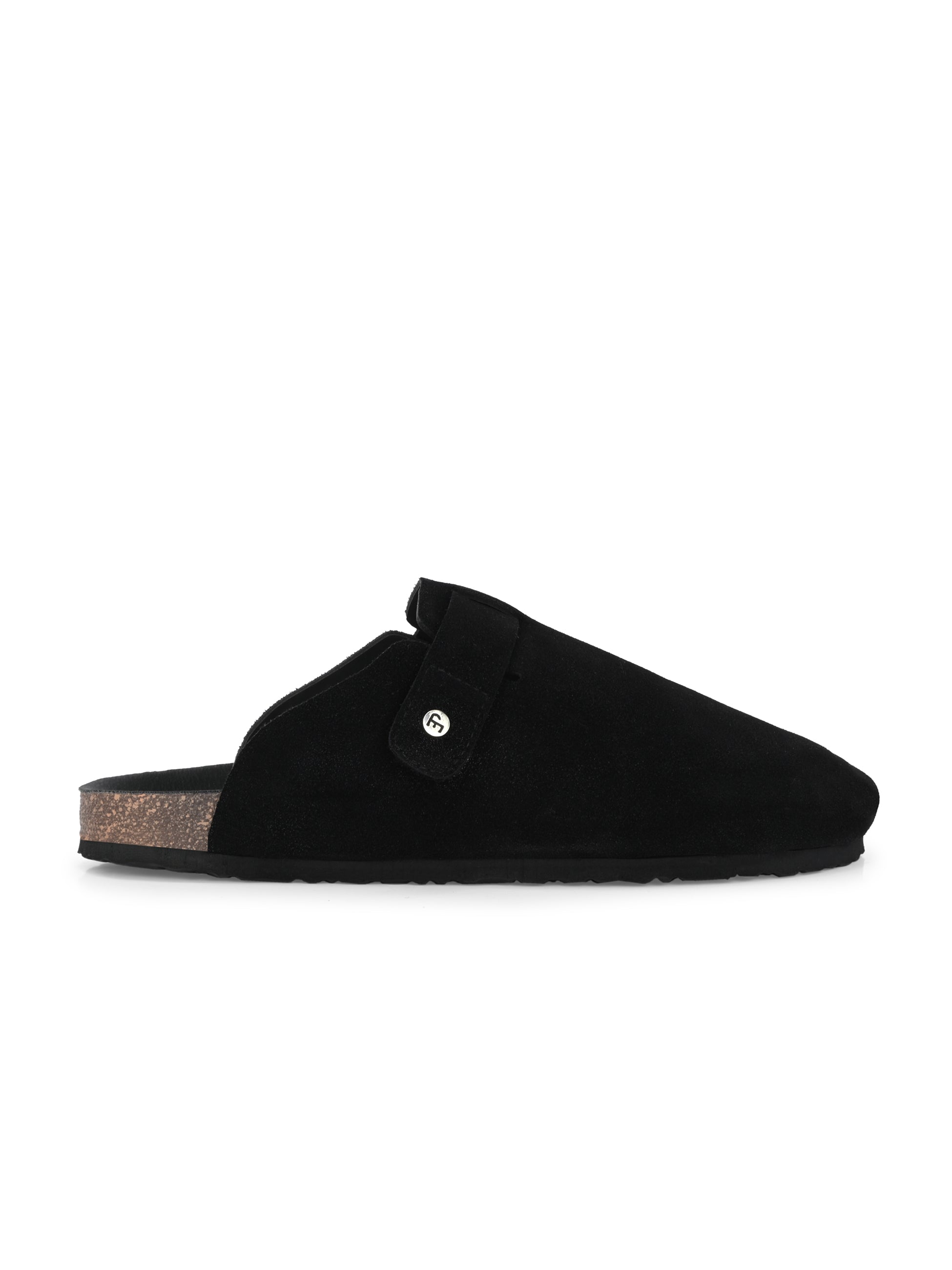 Black suede slip-on clog with a black rubber sole and adjustable strap.