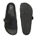 Black Men's casual flat heel strap sandal with slip-on closure