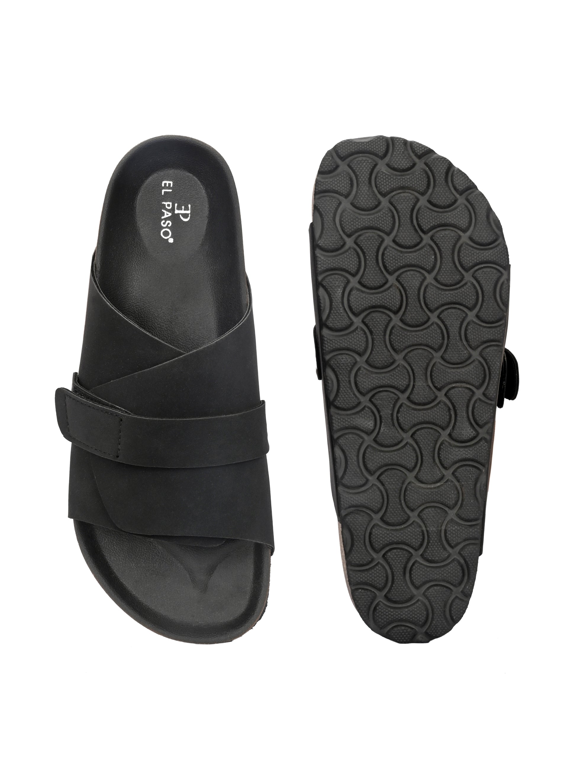 Black Men's casual flat heel strap sandal with slip-on closure