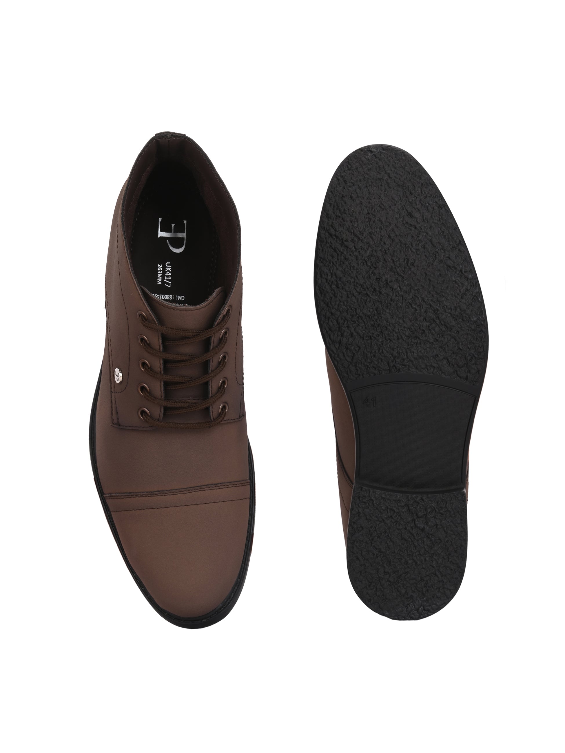 Faux leather casual boots with a cap toe, sleek design, metal eyelets, and a small brand logo near the ankle.