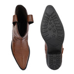 Tan ankle boots with intricate decorative stitching, featuring a slip-on design.