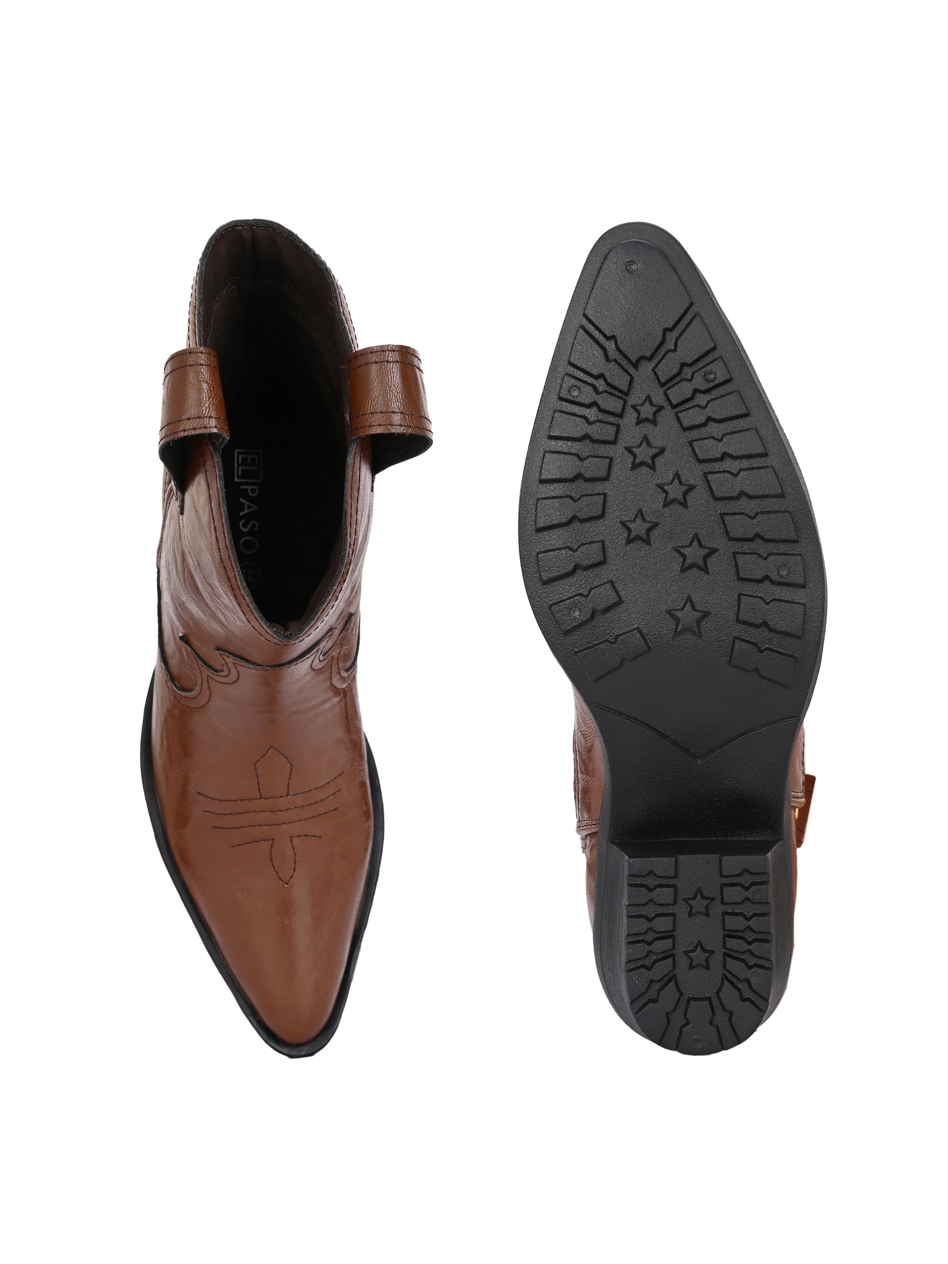 Tan ankle boots with intricate decorative stitching, featuring a slip-on design.