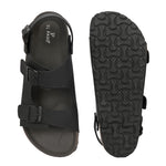 Black Men's casual flat heel buckle strap sandal with back strap closure