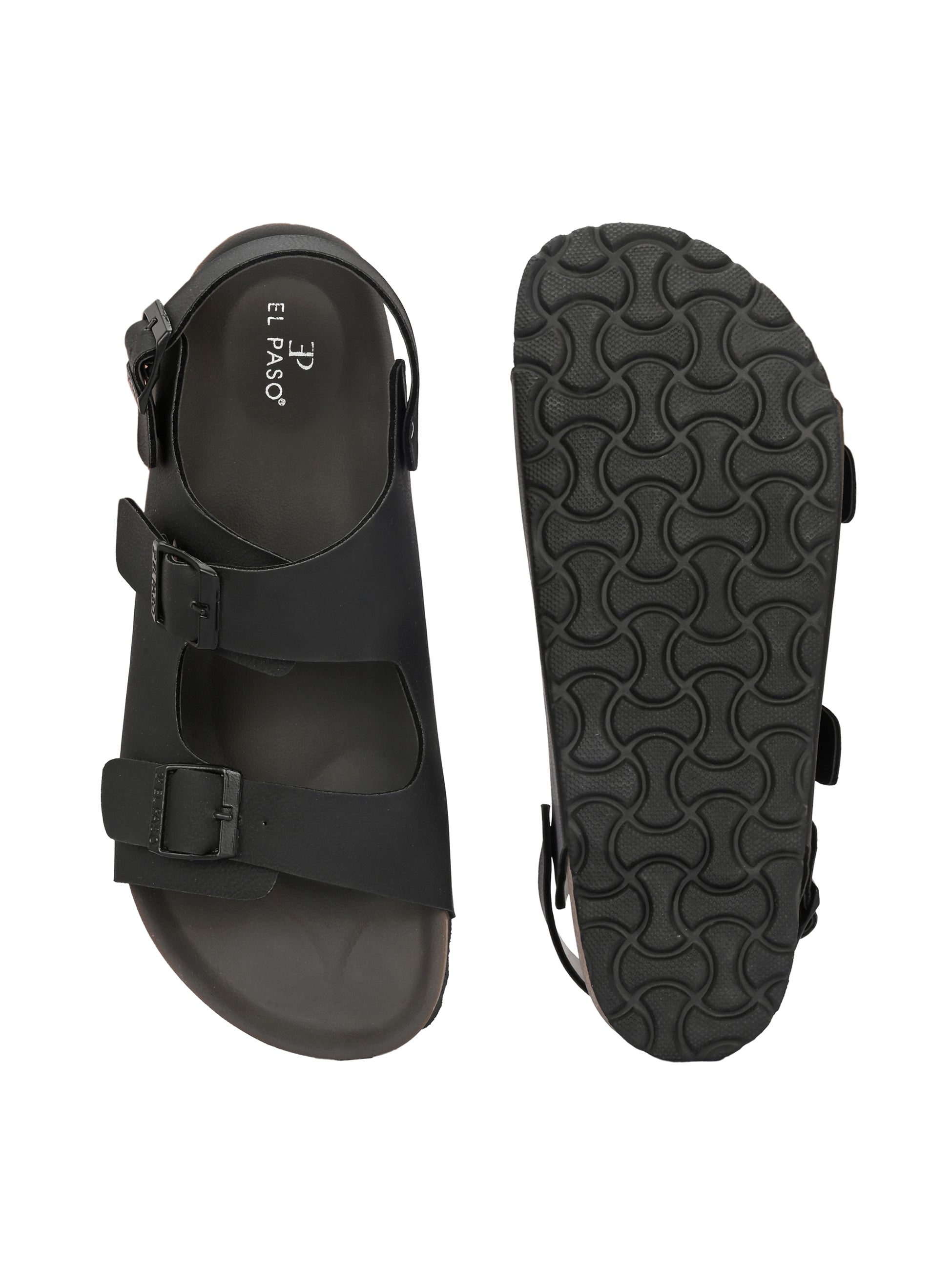 Black Men's casual flat heel buckle strap sandal with back strap closure