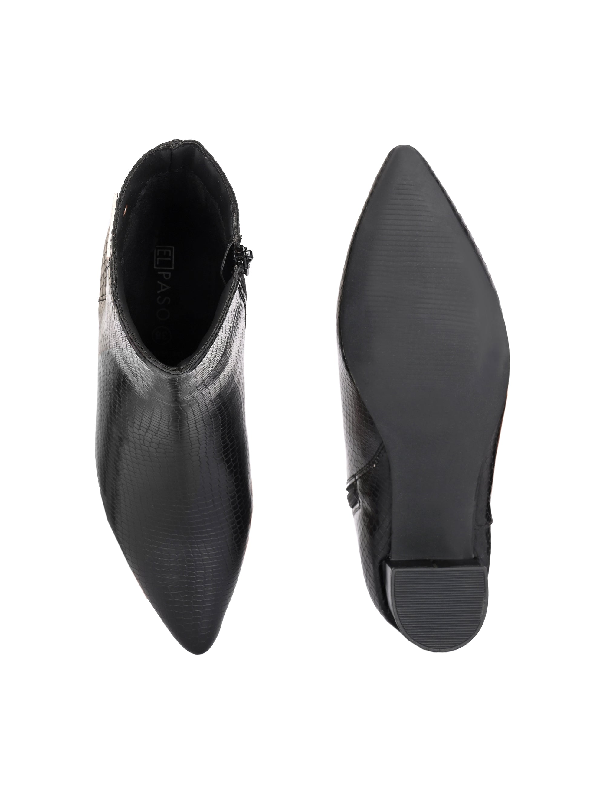 Black textured ankle boots with a sleek snakeskin pattern and a block heel design