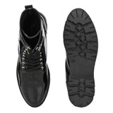 Shiny Black Lace-Up Block Heel Boots