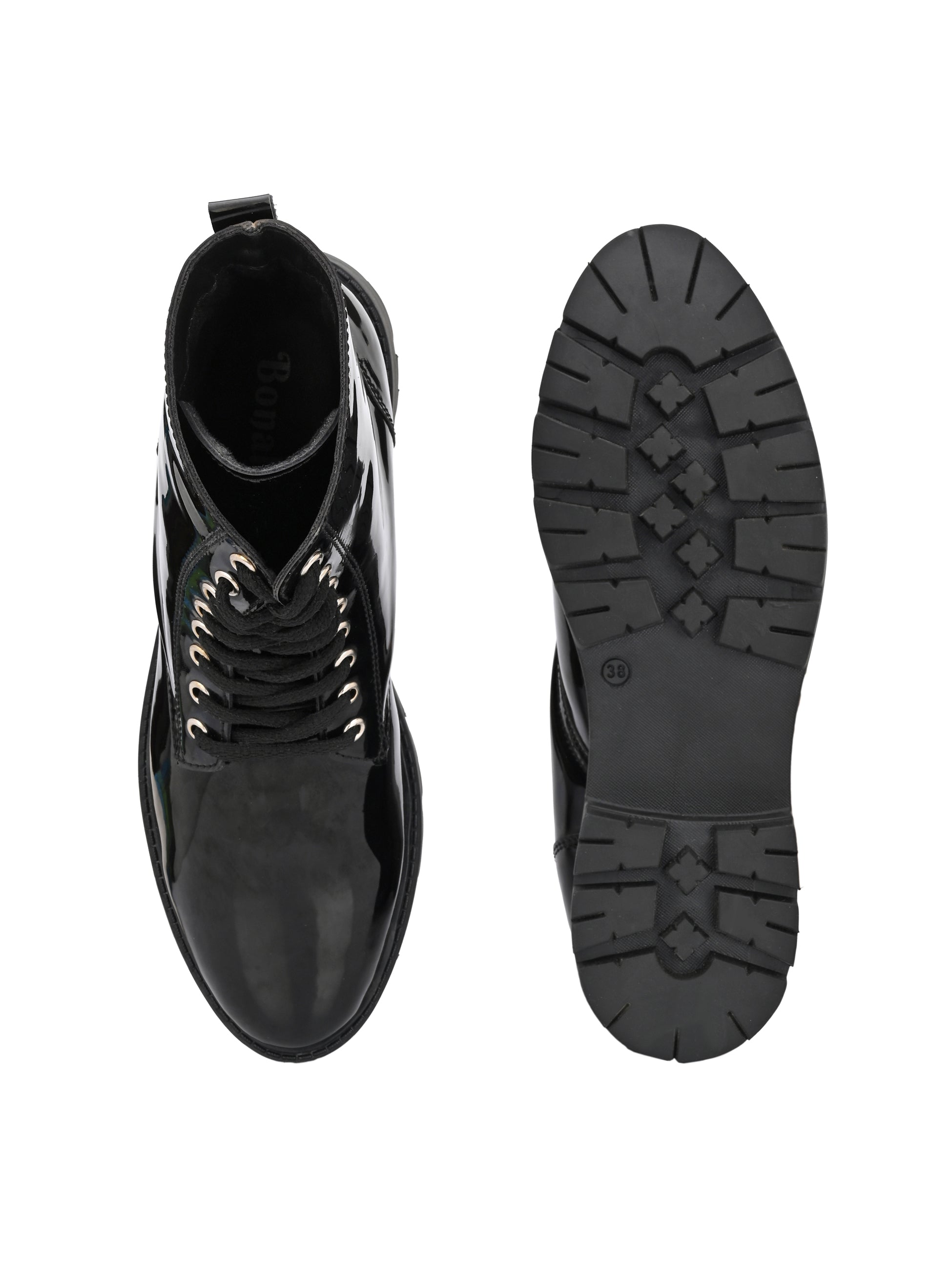 Shiny Black Lace-Up Block Heel Boots