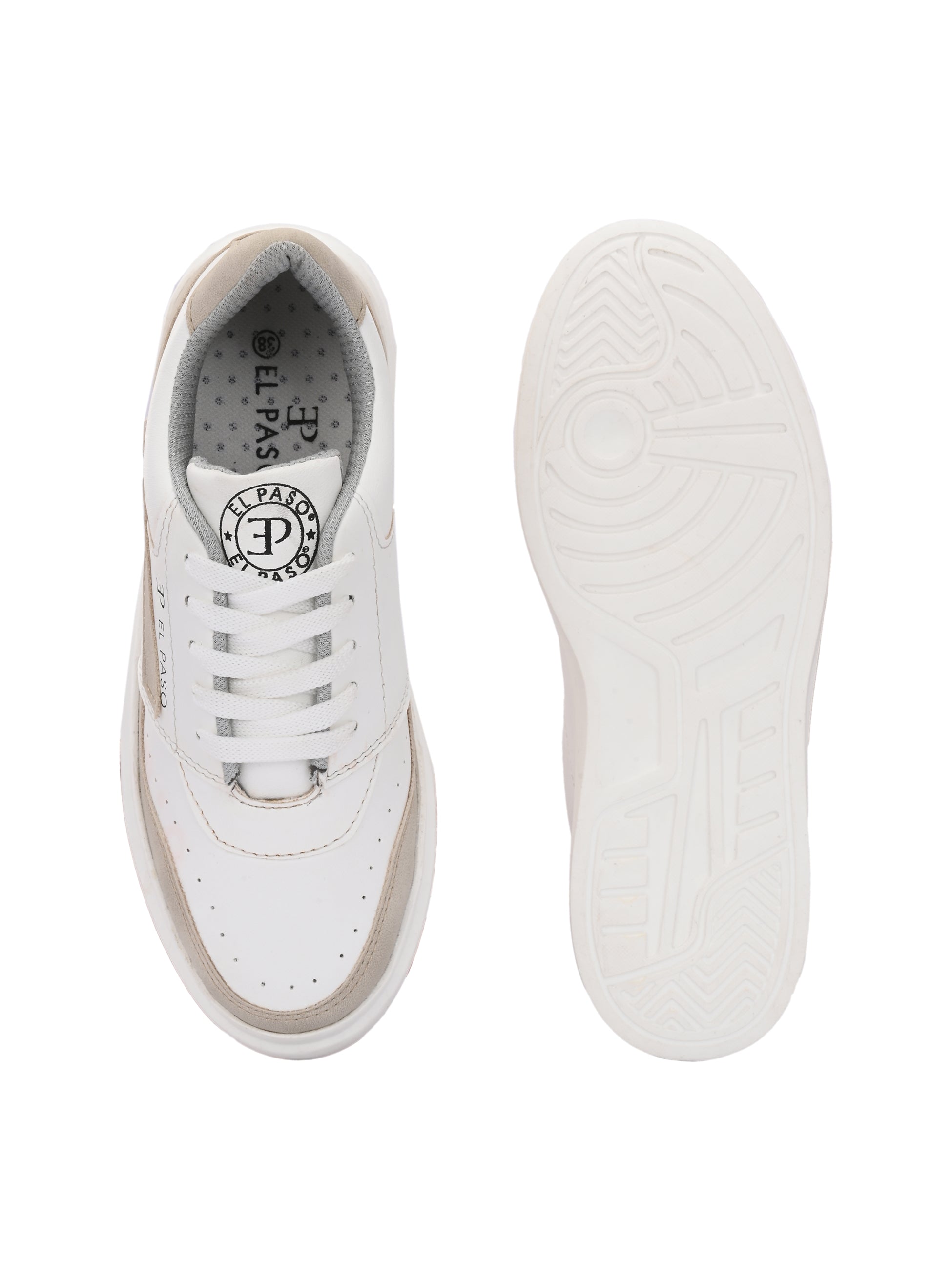 White & Beige Lace-Up Platform Heel Sneakers