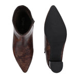 brown textured ankle boots with a sleek snakeskin pattern and a block heel design