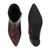 brown textured ankle boots with a sleek snakeskin pattern and a block heel design