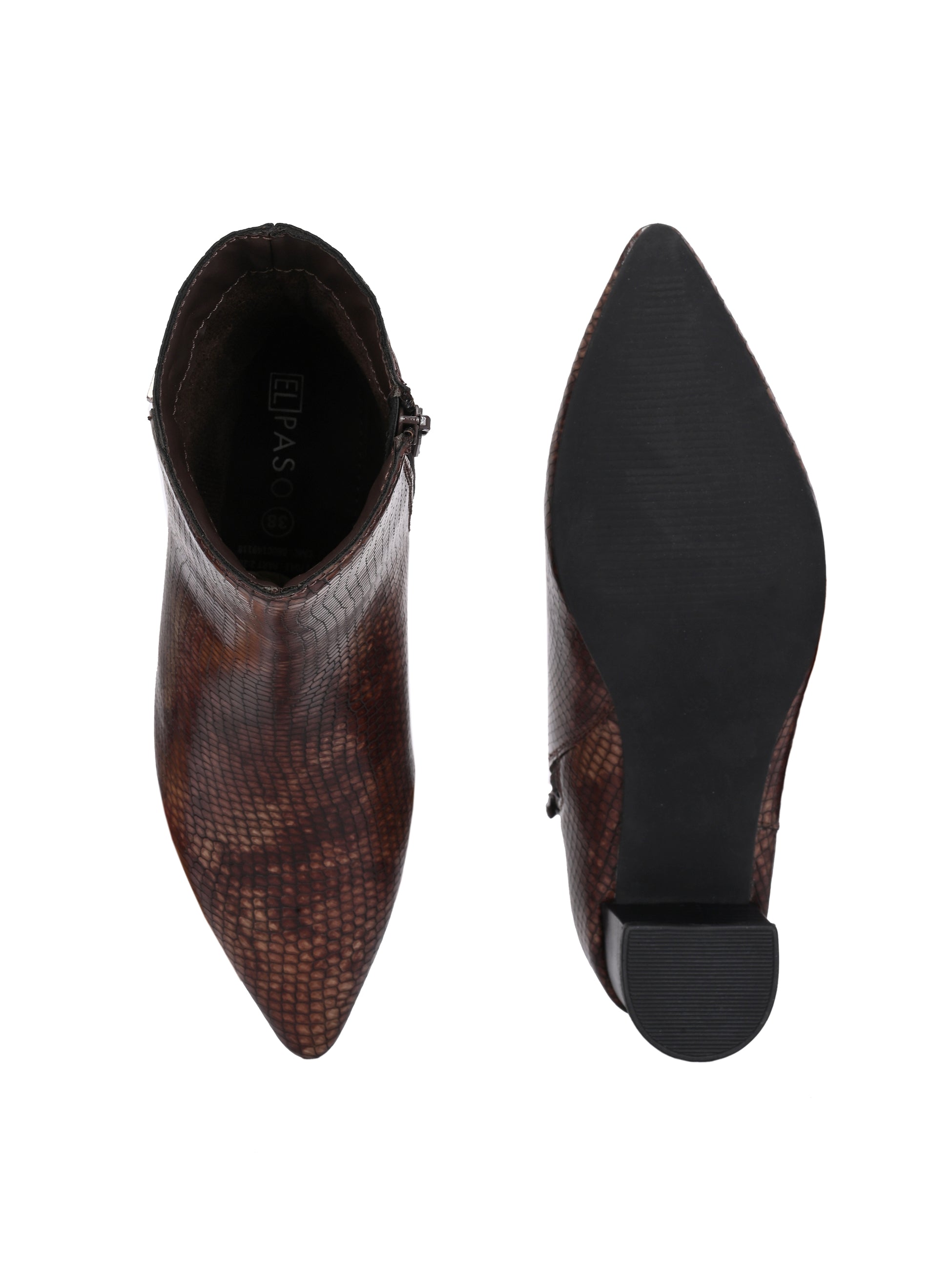 brown textured ankle boots with a sleek snakeskin pattern and a block heel design