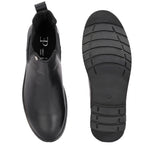 Classic Chelsea boots with elastic side panels, a pull-tab at the heel, rounded toe, and a small metallic brand logo near the ankle.