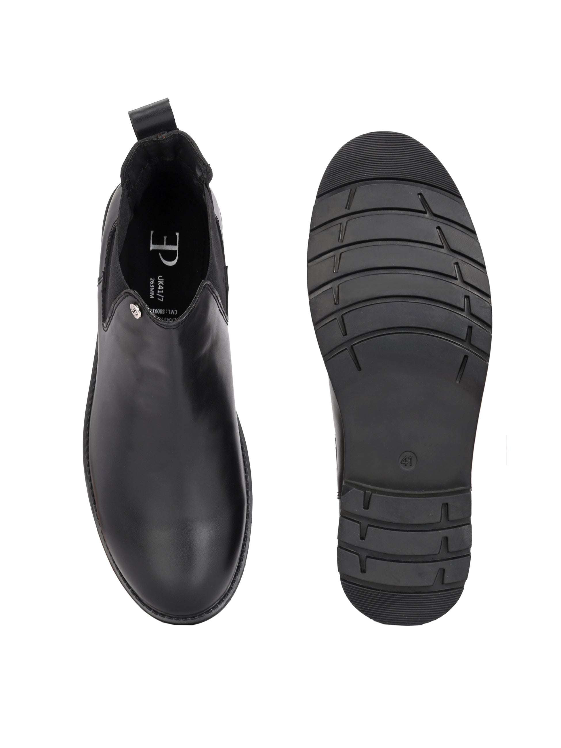 Classic Chelsea boots with elastic side panels, a pull-tab at the heel, rounded toe, and a small metallic brand logo near the ankle.