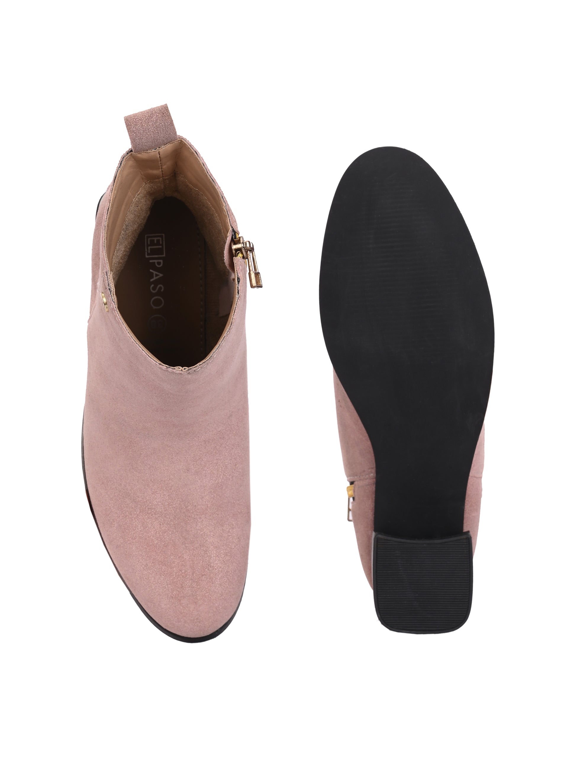 Light pink heigh top boot with a block heel and a sleek, minimalist design.