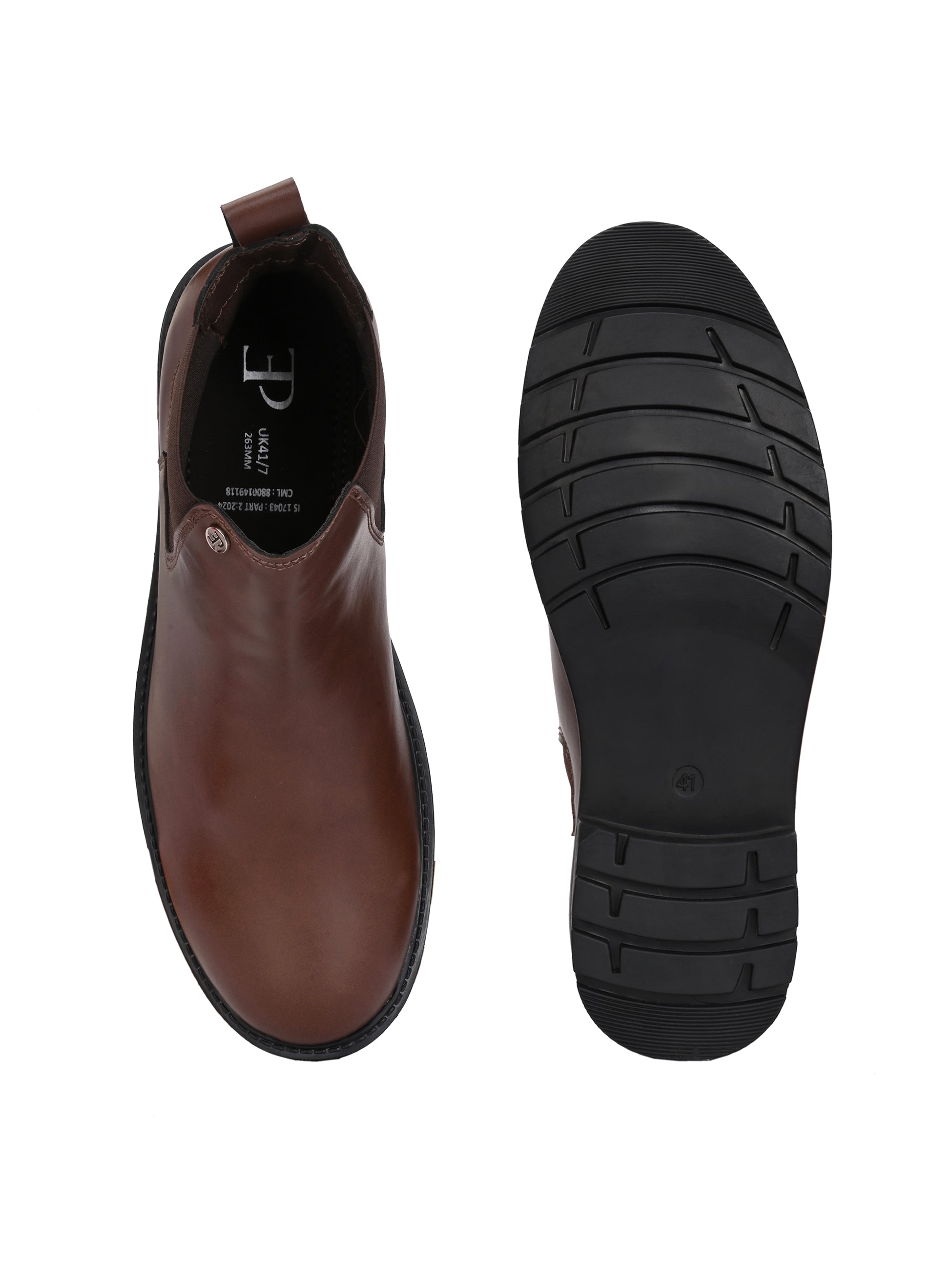 Brown Chelsea boots with elastic side panels, a pull-tab at the heel, rounded toe, and a small metallic brand logo near the ankle.