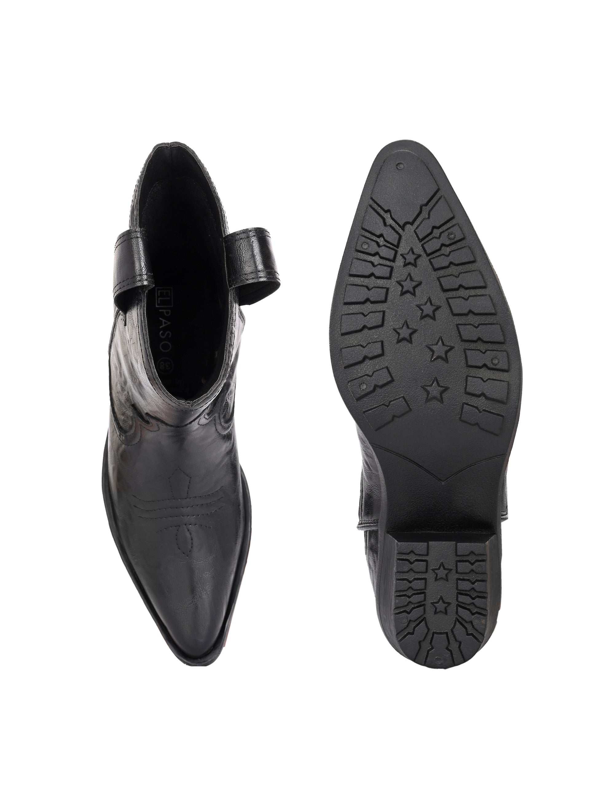 Black ankle boots with intricate decorative stitching, featuring a slip-on design.