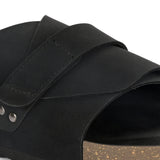 Black Men's casual flat heel strap sandal with slip-on closure