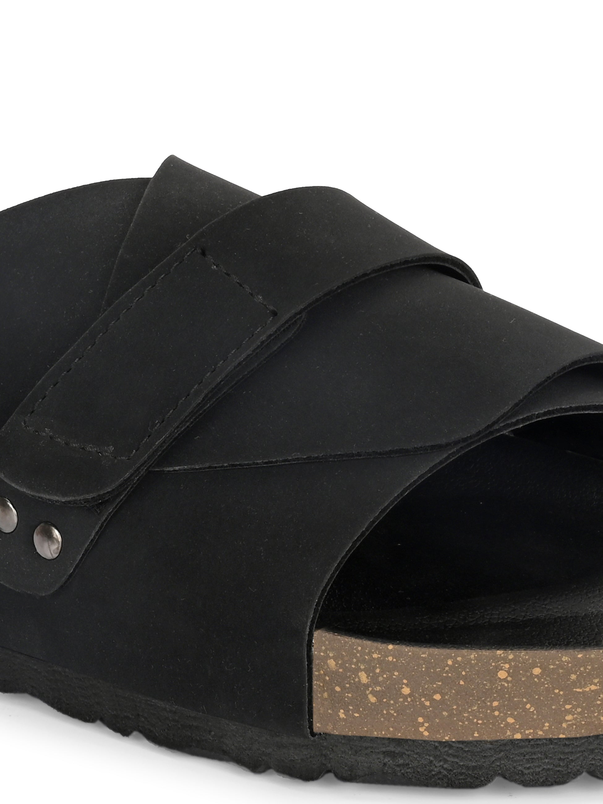 Black Men's casual flat heel strap sandal with slip-on closure