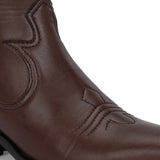Brown ankle boots with intricate decorative stitching, featuring a slip-on design.