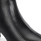 Black textured ankle boots with a sleek snakeskin pattern and a block heel design