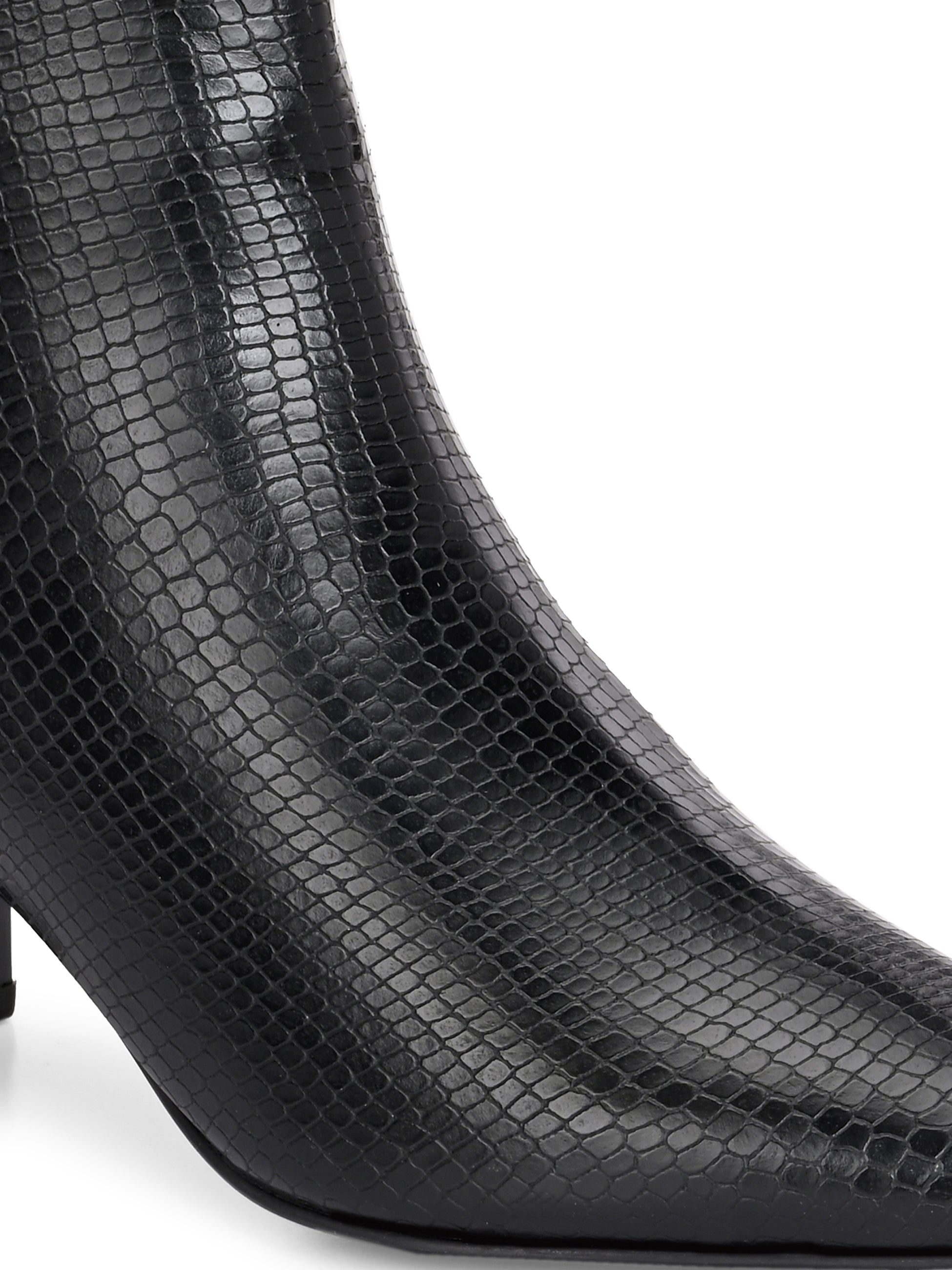 Black textured ankle boots with a sleek snakeskin pattern and a block heel design