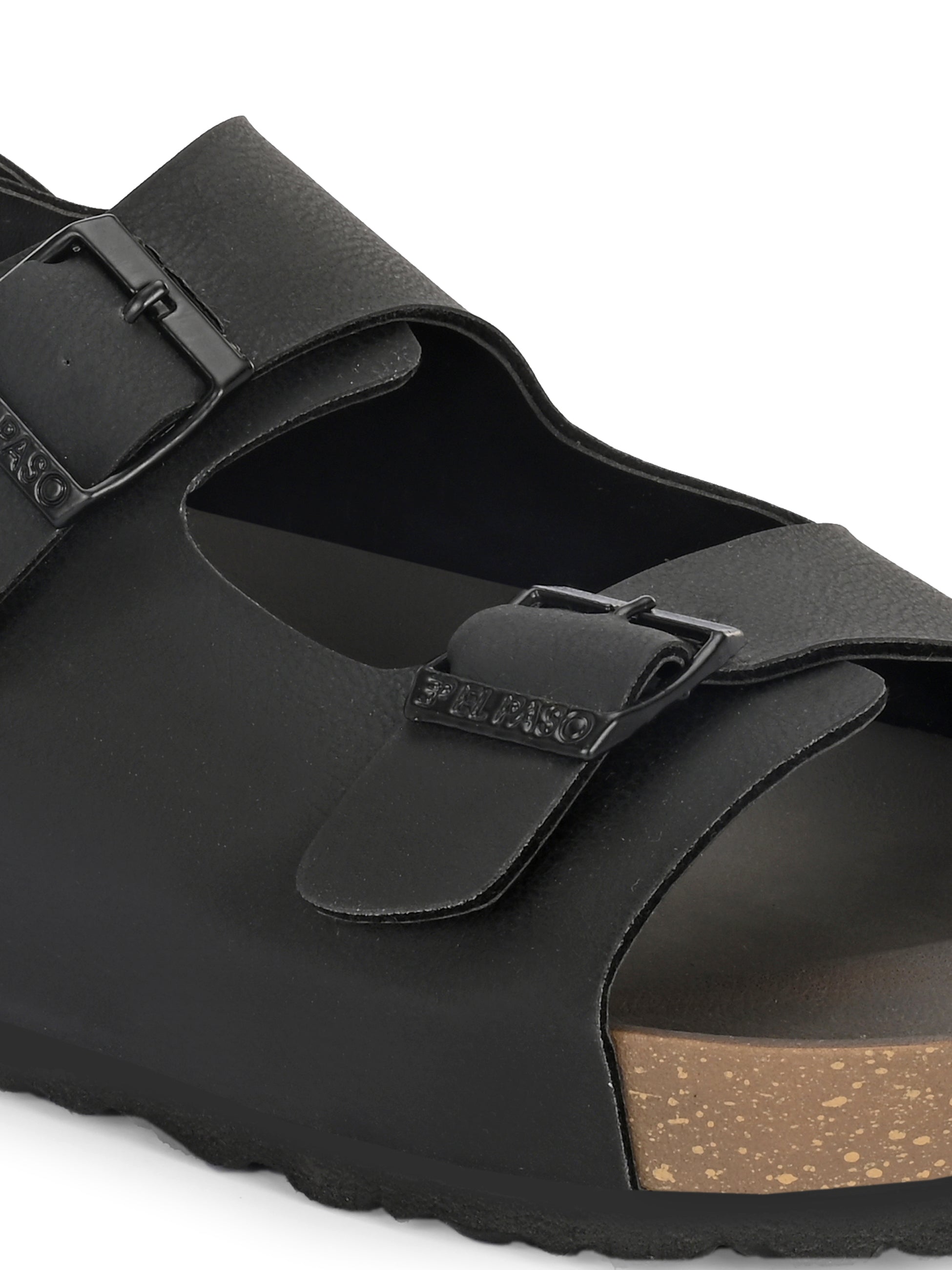 Black Men's casual flat heel buckle strap sandal with back strap closure