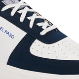 A white and blue sneaker featuring a sleek design and a clean white sole, perfect for casual wear.