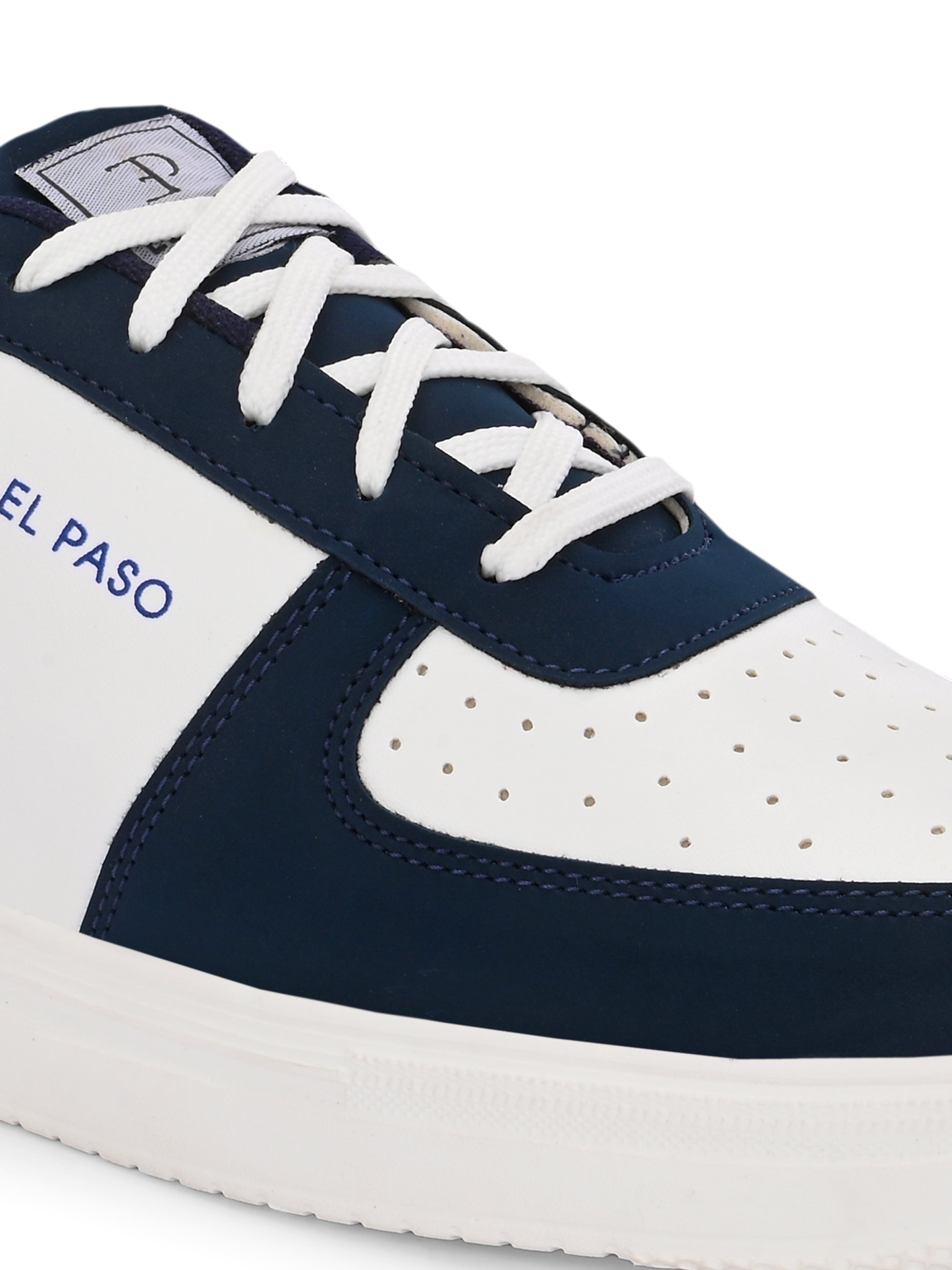 A white and blue sneaker featuring a sleek design and a clean white sole, perfect for casual wear.